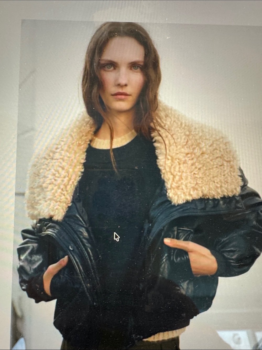 Mango Black Bomber Jacket with Cream Shearling Collar